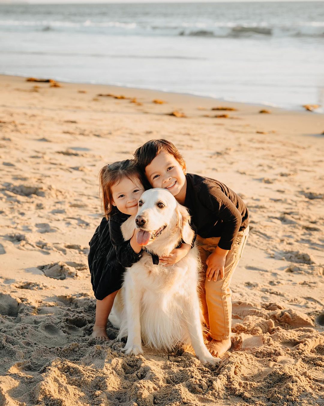 two kids and dog on a beach