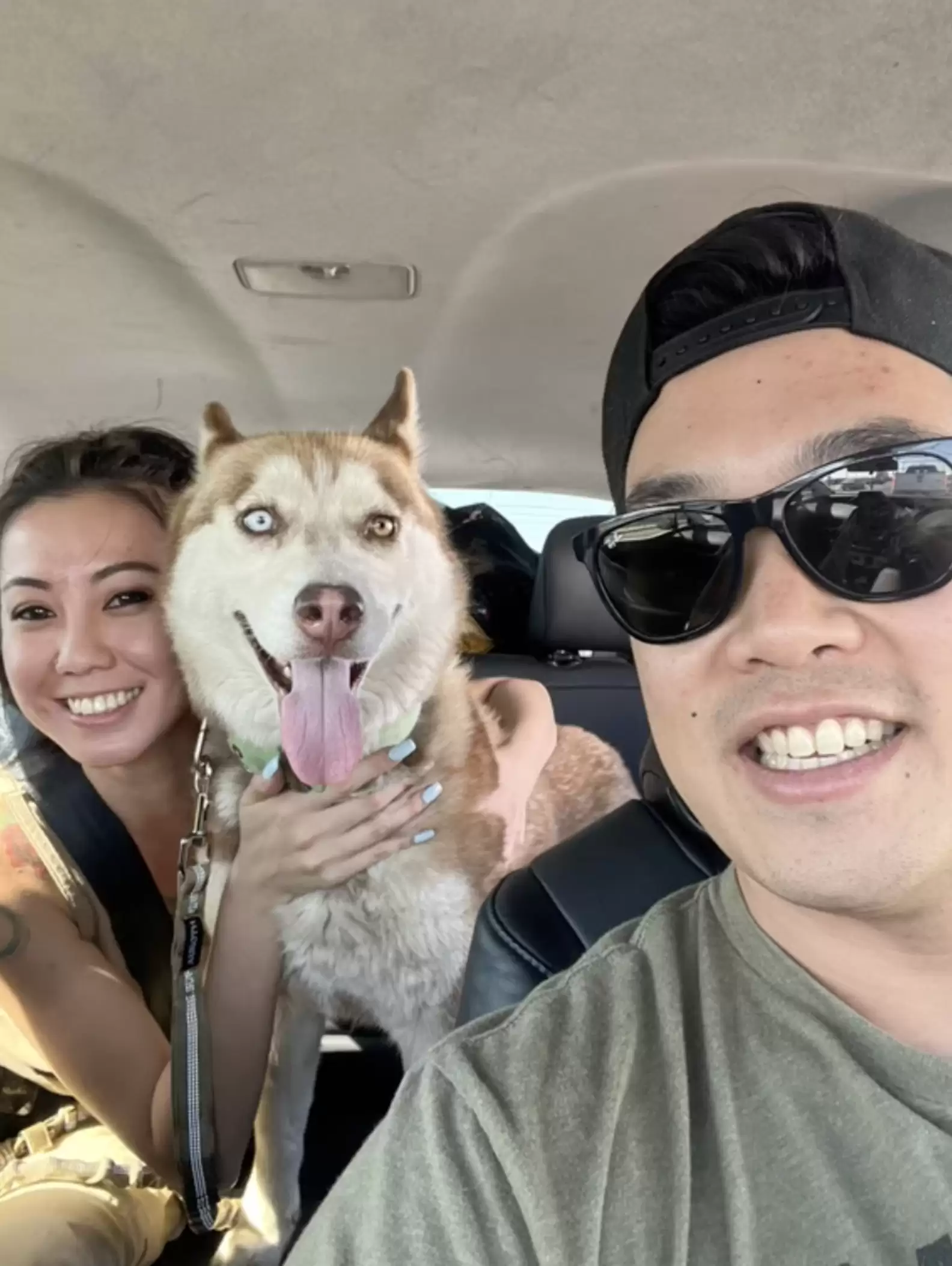 a man and a woman take a picture with a dog in a car