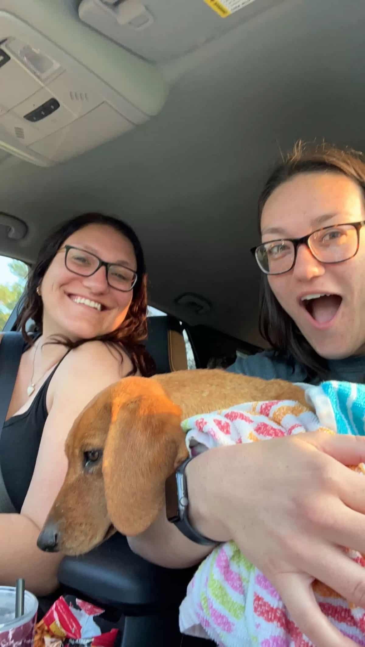 two women with cute dog in the car