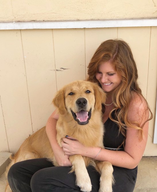 smiling golden retriever in the arms of a woman
