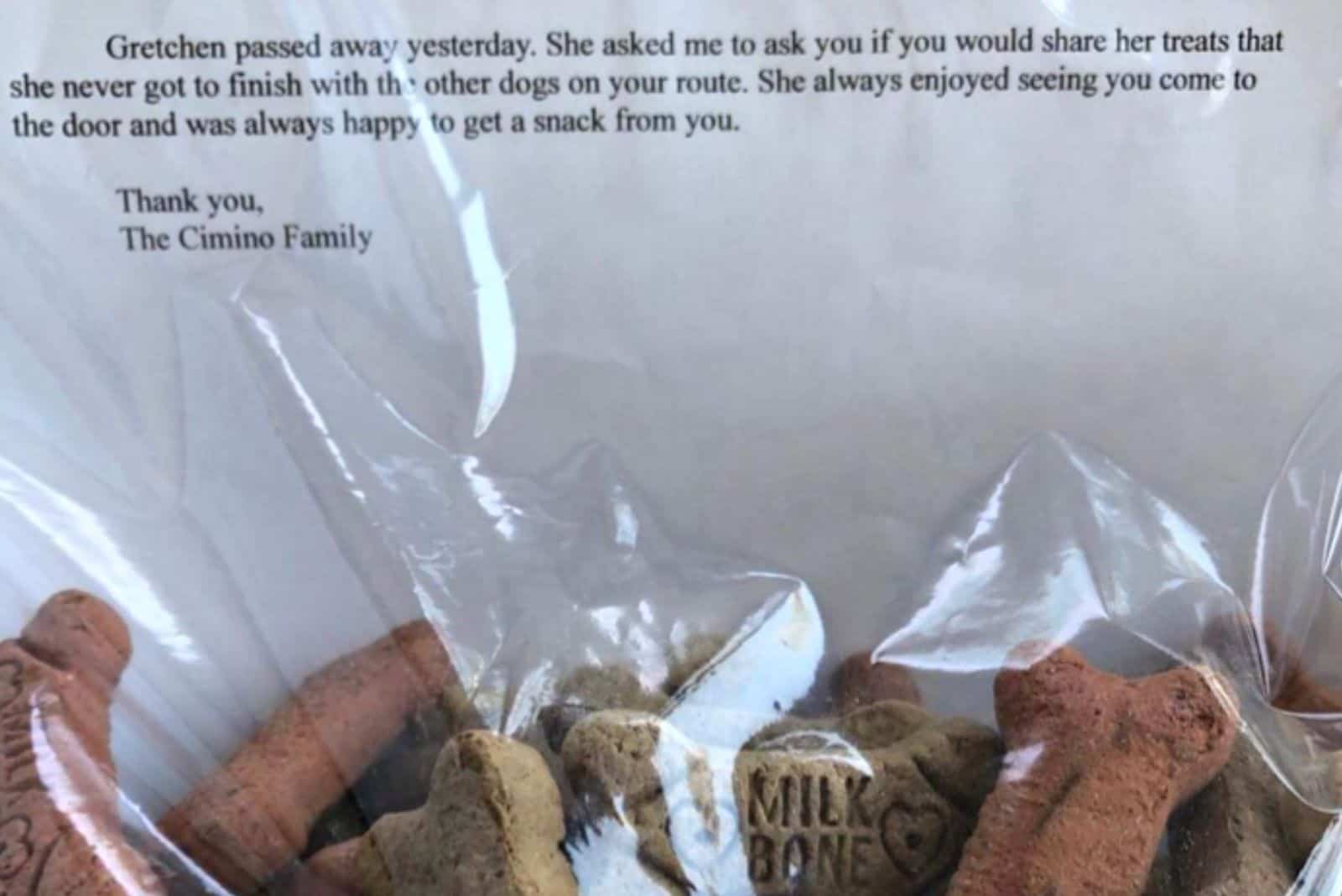 a letter with dog treats